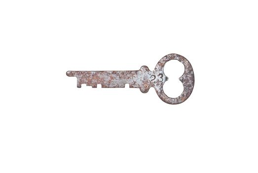Old rusty key in isolated white background
