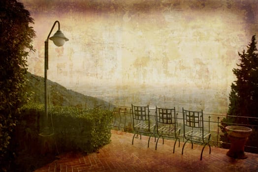 Artistic work of my own in retro style - Postcard from Italy. - Seats with view - Tuscany.