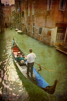 Artistic work of my own in retro style - Postcard from Italy. - Gondola  in alley- Venice.