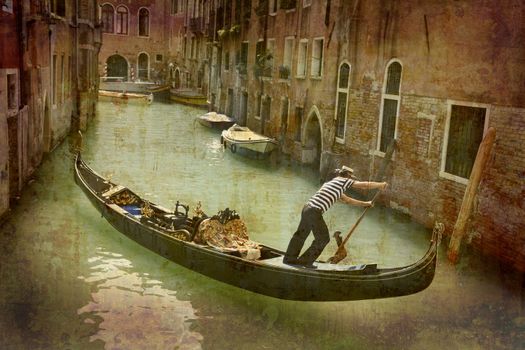 Artistic work of my own in retro style - Postcard from Italy. - Gondola - Venice.