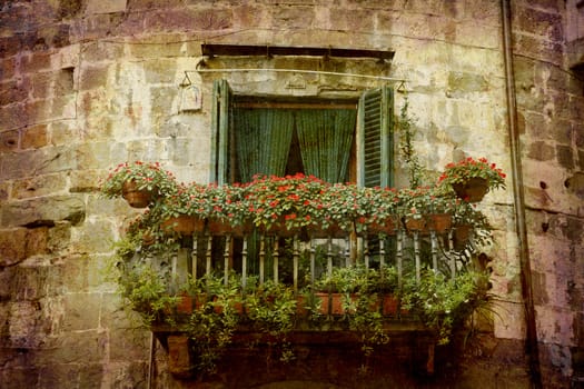 Artistic work of my own in retro style - Postcard from Italy. - Tower balcony - Lucca, Tuscany.