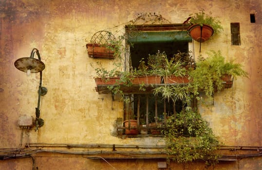 Artistic work of my own in retro style - Postcard from Italy. - Tiny oasis - Lucca, Tuscany.