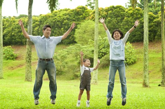 Joyful Asian family jumping together in the park