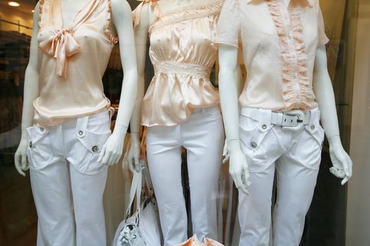 Fashion through a store window - Paris - France.