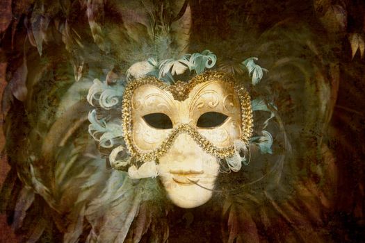 Artistic work of my own in retro style - Postcard from Italy. - Carnival Mask with feathers - Venice.