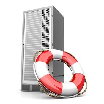 A life belt with a Server tower. 3d rendered Illustration. Isolated on white.