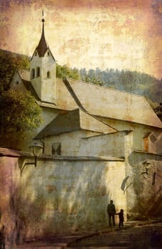 Artistic work of my own in retro style - Postcard from Italy. - Church - Chiusa.