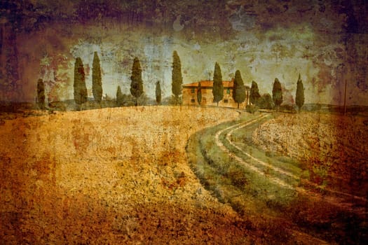 Artistic work of my own in retro style - Postcard from Italy. - Tuscan landscape.