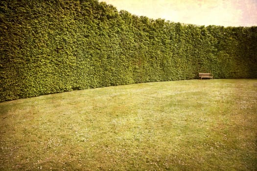 Artistic work of my own in retro style - Postcard from Denmark. - Hedges and bench.