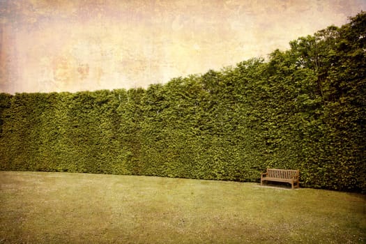 Artistic work of my own in retro style - Postcard from Denmark. - Hedges and bench.