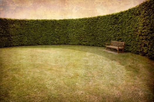 Artistic work of my own in retro style - Postcard from Denmark. - Hedges and bench.