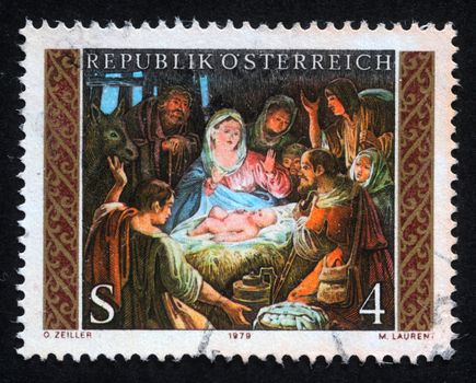 AUSTRIA - CIRCA 1979: A greeting Christmas stamp printed in the Austria shows Christmas Creche