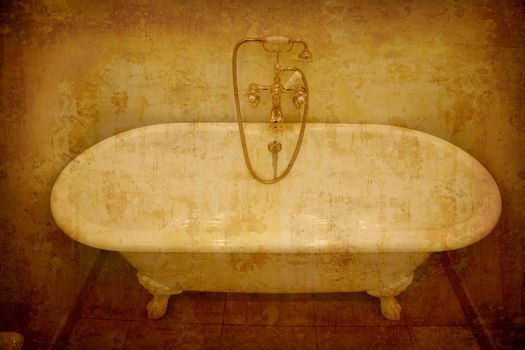 Artistic work of my own in retro style - Postcard from Denmark - Old bath tub with golden faucets and hand shower.