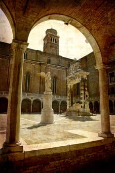 Artistic work of my own in retro style - Postcard from Italy. Chiostro della Ss. Trinitai - Venezia.