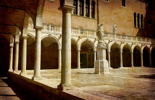 Artistic work of my own in retro style - Postcard from Italy.  Chiostro della Ss. Trinitai - Venezia