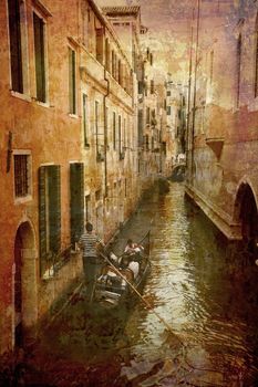 Artistic work of my own in retro style - Postcard from Italy. - Gondola in narrow canal - Venice.