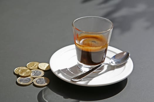 Glass of espresso and Euro coins.
