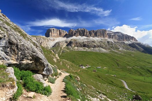 Pordoi pass and Sella group mountain on summer, Trentino, Italy