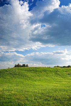 Landscape - green fields, the blue sky and white clouds