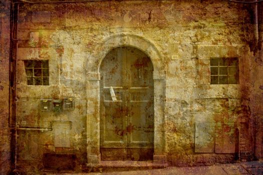 Artistic work of my own in retro style - Postcard from Italy. Grunge facade in narrow alley.