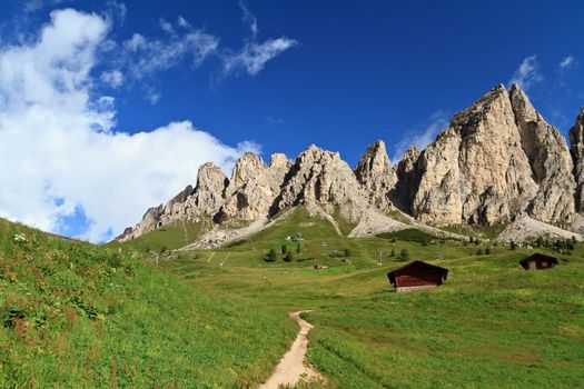 summer view of Cir group from Gardena pass, Italian Dolomites
