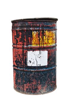 Old rusty oil drum with white sticker on white isolated background
