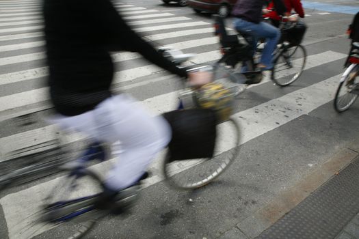 Rush hour zebra crossing with bicycles. Motin blur.