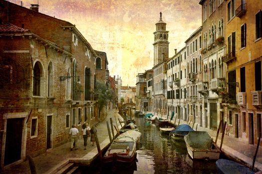 Artistic work of my own in retro style - Postcard from Italy. - Beautiful canal Venice.