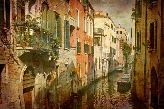 Artistic work of my own in retro style - Postcard from Italy. - Nice tranquil canal Venice.