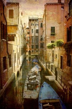 Artistic work of my own in retro style - Postcard from Italy. - Narrow canal - Venice.