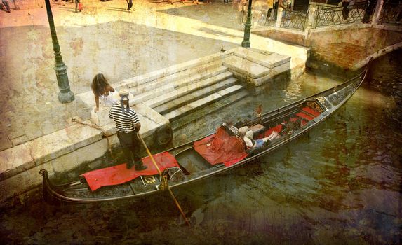 Artistic work of my own in retro style - Postcard from Italy. - Gondola with tourists - Venice.