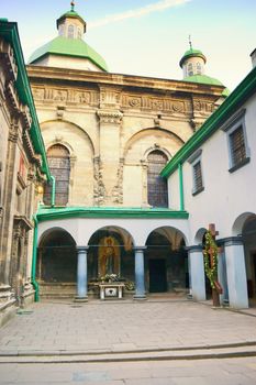 inside a church courtyard in Lviv. Ukraine