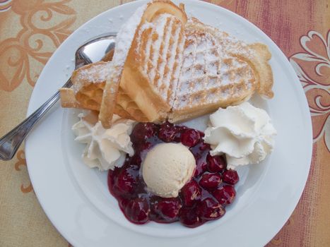 Baked waffles with icecream, cherries and whipped cream.