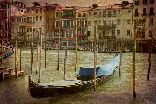 Artistic work of my own in retro style - Postcard from Italy. - Parked gondola Grand Canal - Venice.