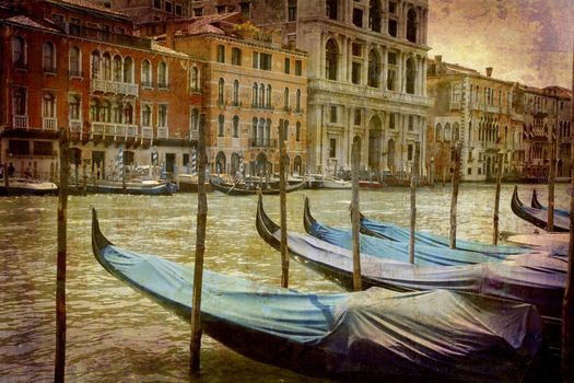 Artistic work of my own in retro style - Postcard from Italy. - Parked gondolas Grand Canal - Venice.