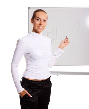 Young businesswoman making presentation isolated on white