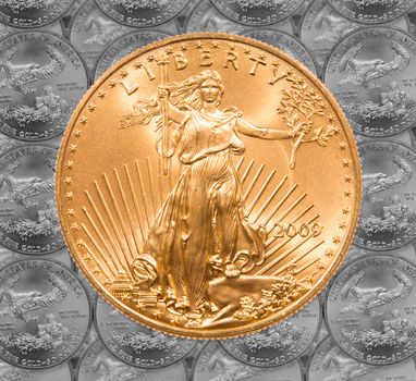 Black and white rendition of Gold Eagle one ounce coins in a patterns and stacked on each row with a single Liberty coin on the top