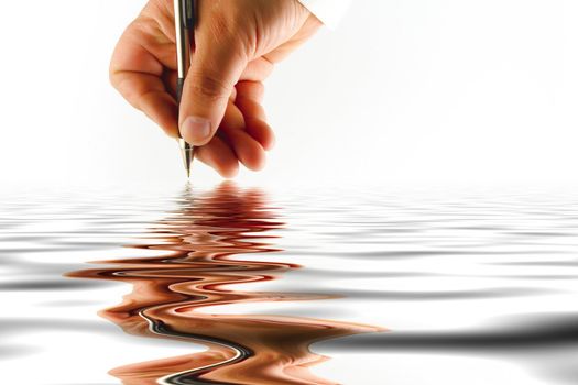 Hand with pen  on white background. Isolated object