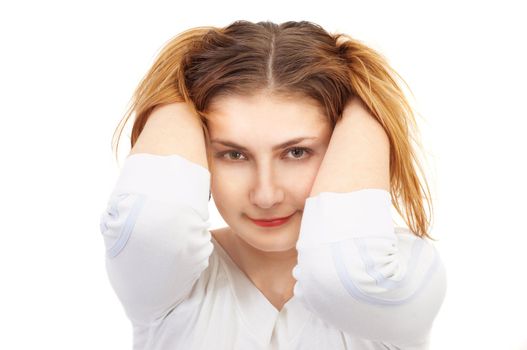 young pretty blond girl playing with hair