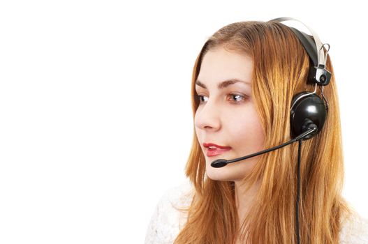 cute techsupport girl talking on the phone using headset