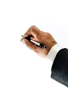 Hand with pen  on white background. Isolated object.