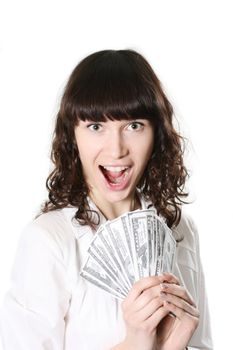 Portrait of the girl holding a pack of money