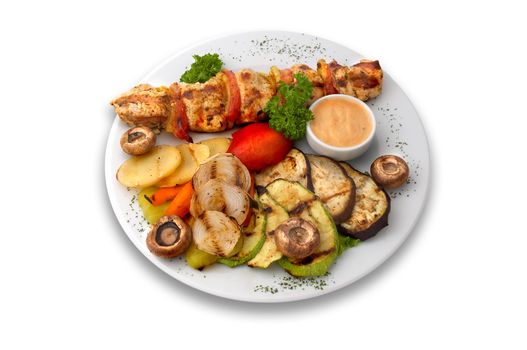chicken kebab with grilled mushrooms and vegetables