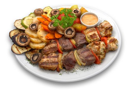 assorted kebab: veal, chicken and pork with grilled vegetables