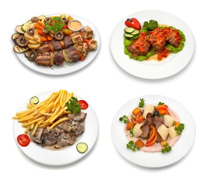 4 dishes with chicken, veal, pork meat and vegetables. Isolated on white. This image was composed using four different shots.