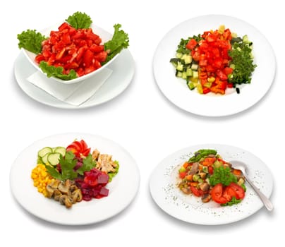 4 salad dishes. Isolated on white. This image was composed using four different shots.