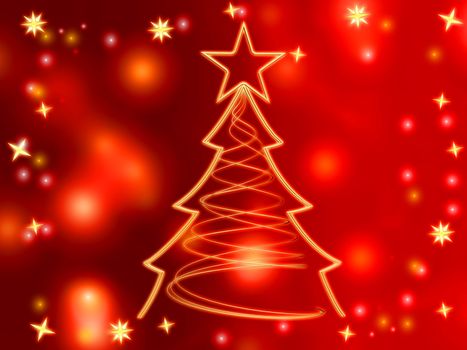 golden christmas tree with gold stars and lights over red background
