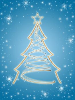 golden 3d christmas tree with gold stars and white lights over blue background
