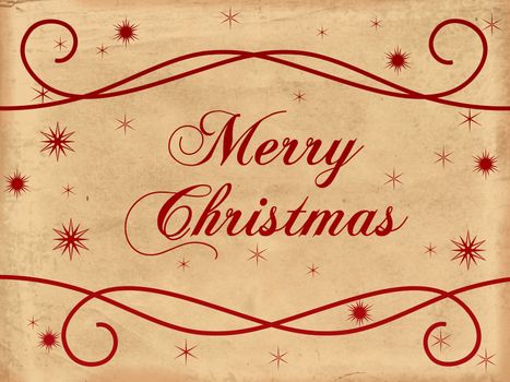 red text with words Merry Christmas and snowflakes over old paper
