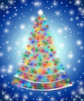 christmas tree drawn by white, red, yellow, orange, pink, violet, green and blue lights 
